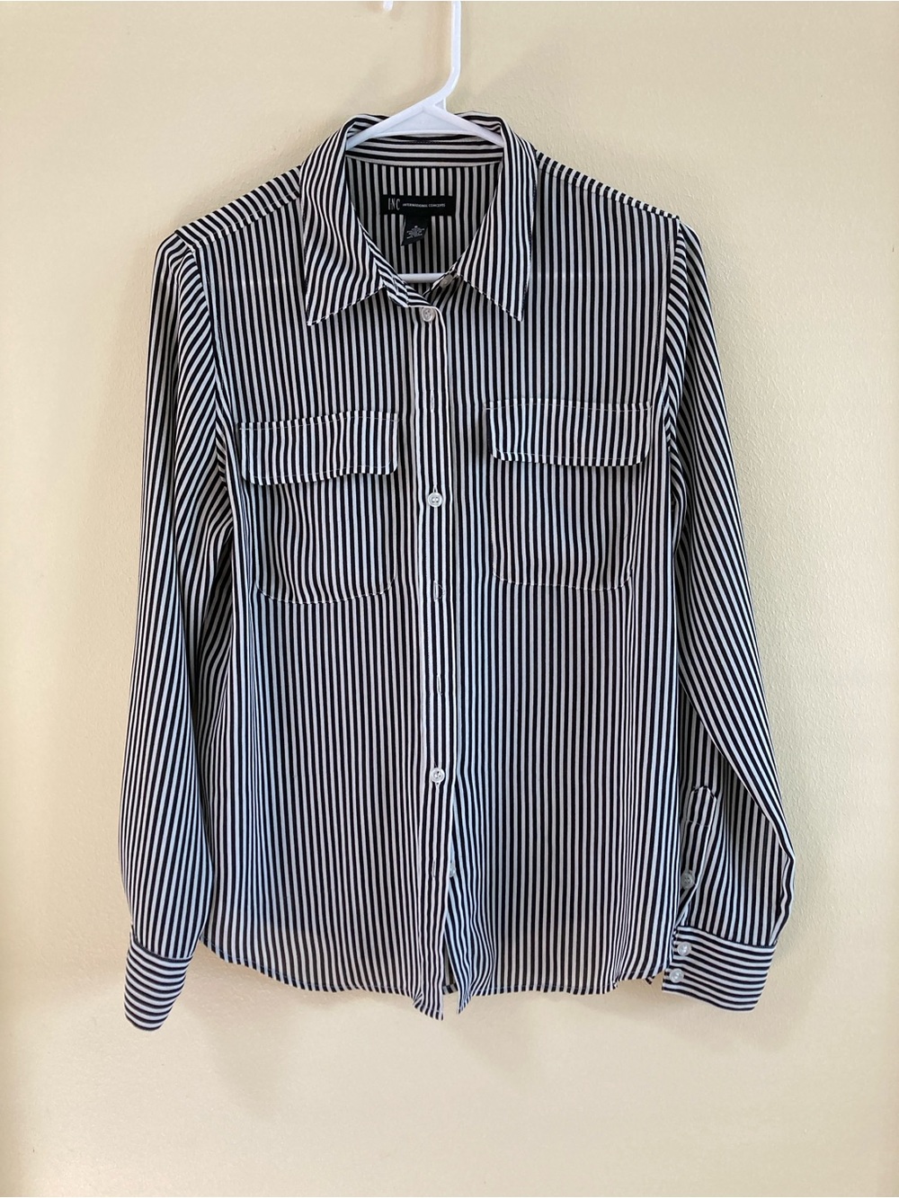 INC International Concepts Black & White Vertical Stripe Blouse